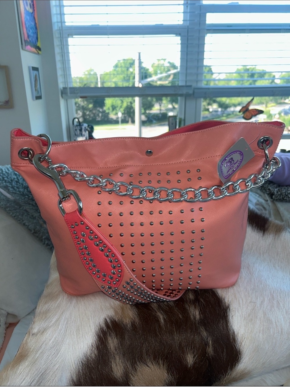 Sharif NWT Coral Pink Studded Tote with Leather Studded Strap and Chain Straps - Picture 12 of 12